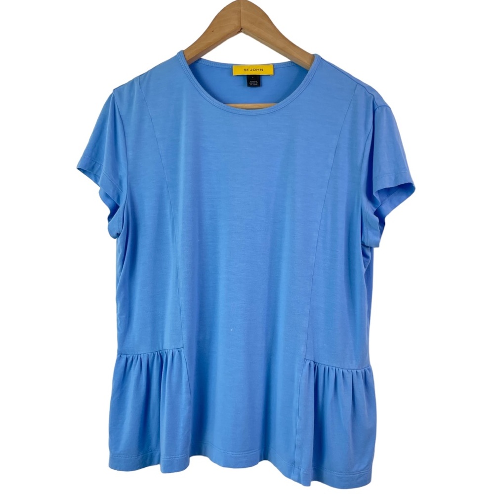 St. John Women’s Short Sleeve Peplum Stretch Knit Light Blue Top Size Large